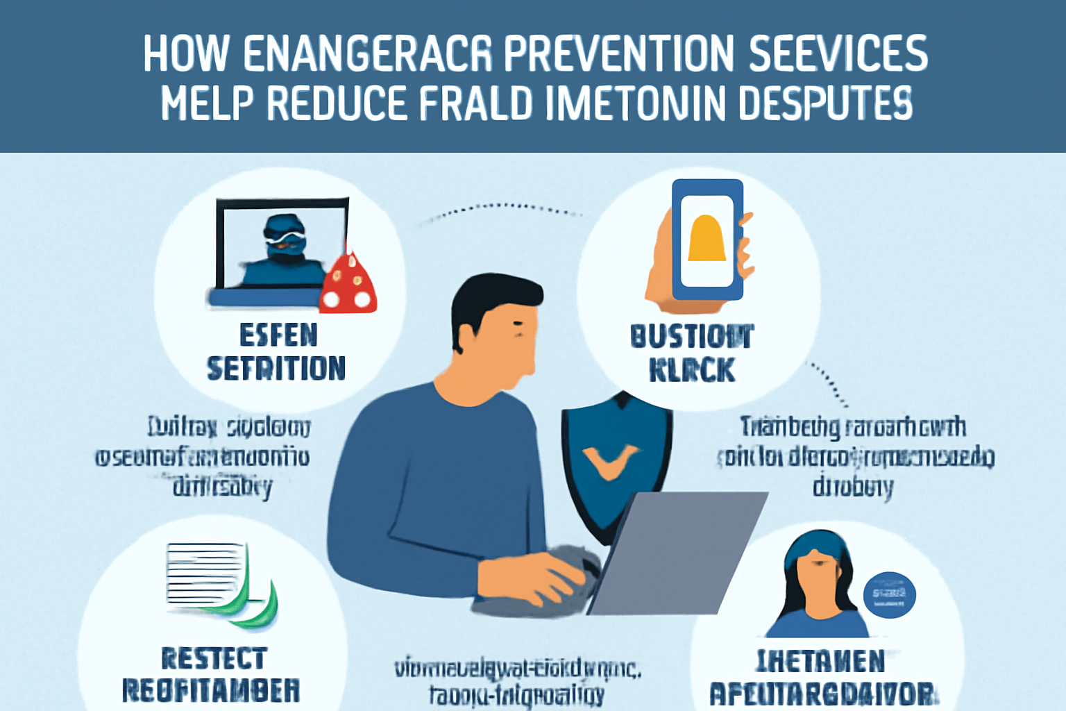 Infographic showcasing chargeback prevention services with icons representing fraud detection, real-time alerts, dispute management, and customer communication.